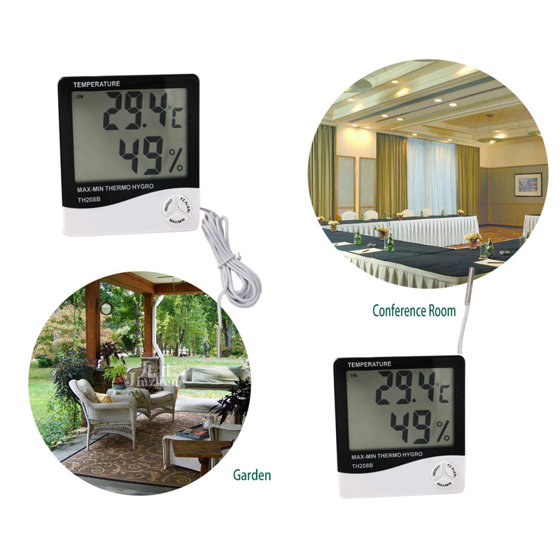 Higrómetro termo del LCD de la alarma de la luz de sonido del precio de fábrica de la alta precisión con el sensor externo