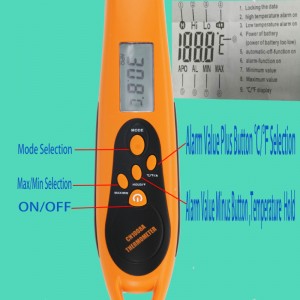 Alarma de carpintero Forma Alarma de temperatura alta / baja Termómetro de alimentos aséptico de alto rendimiento de Safty con sonda doblada